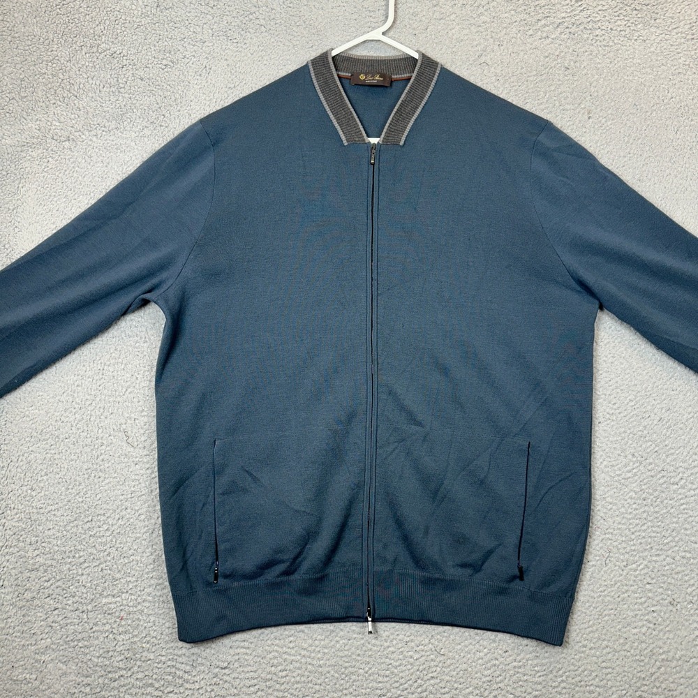 Loro Piana Knit Mens XXL Wool Bomber Sweater Jacket Full Zip Blue Italy
